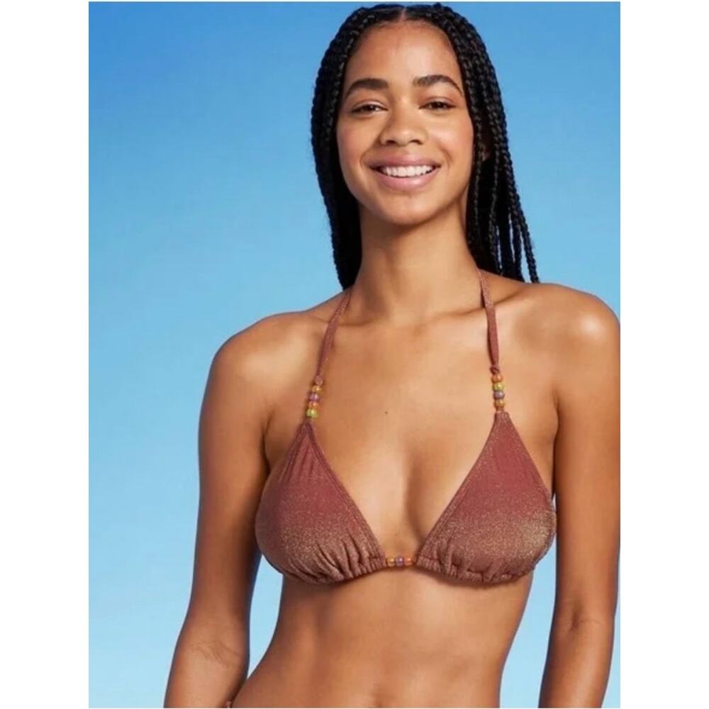 Wild Fable Beaded Strap Triangle Bikini Top Brown Lurex Size Large NWT